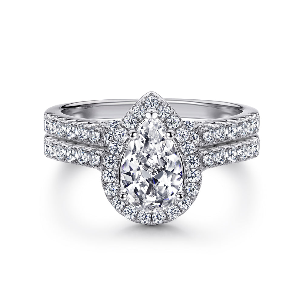 925 Sterling Silver Pear Cut Cz Halo Ladies Bridal Ring Set