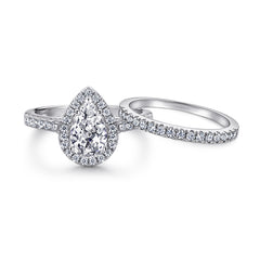 925 Sterling Silver Pear Cut Cz Halo Ladies Bridal Ring Set