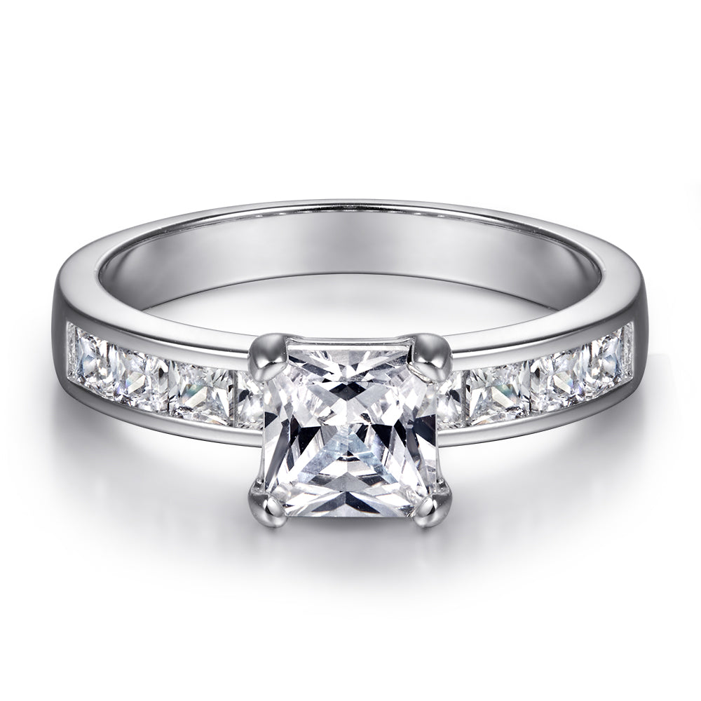 925 Sterling Silver Princess Cut Cz Centre with Channel Set Band Ladies Bridal Ring Set