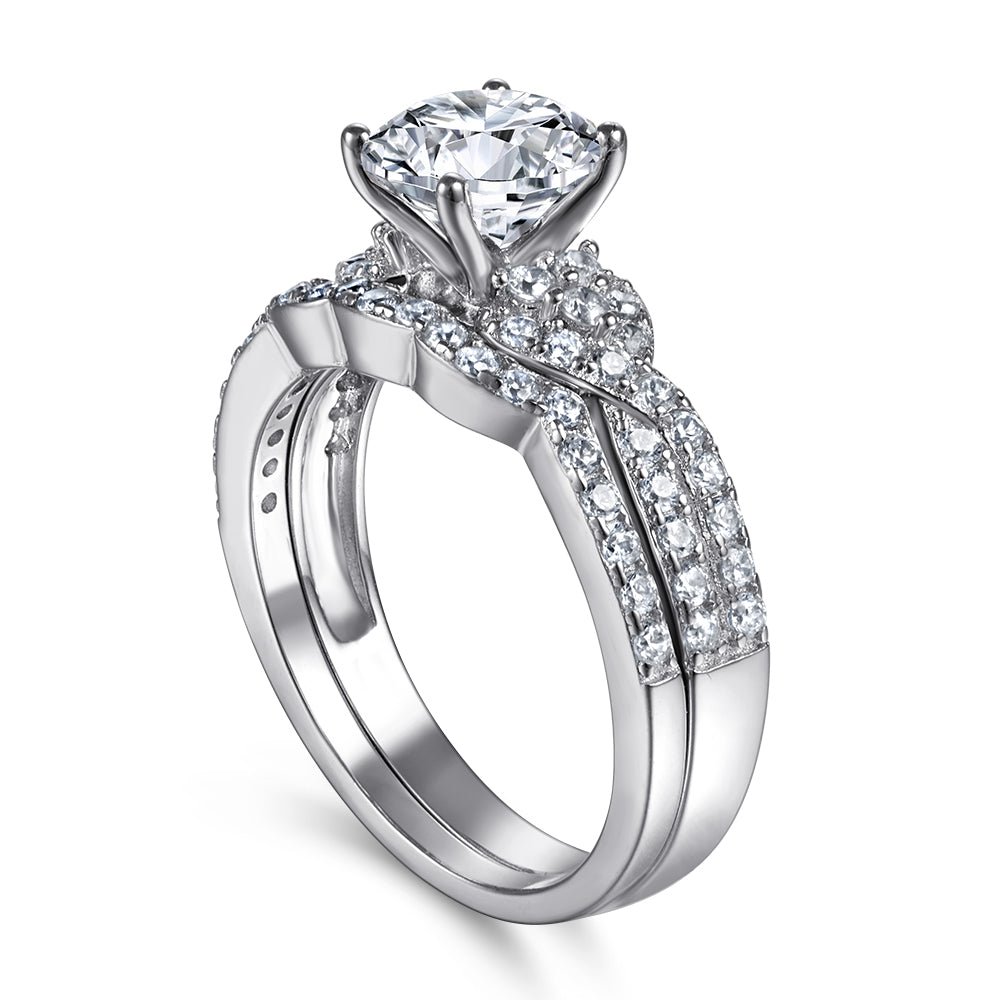 925 Sterling Silver Round Cut Cz Solitaire with Fancy Band Ladies Bridal Ring Set