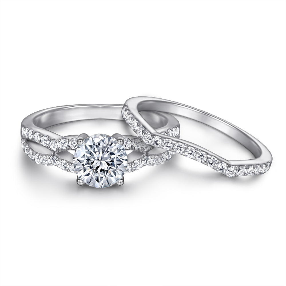 925 Sterling Silver Round Cz Centre with Fancy Split Band Ladies Bridal Ring Set