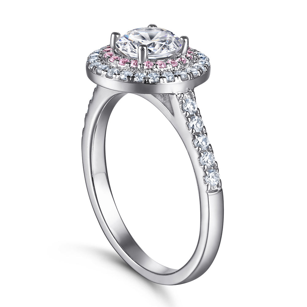 925 Sterling Silver White & Pink Cz Double Halo Ladies Dress Ring