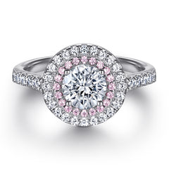 925 Sterling Silver White & Pink Cz Double Halo Ladies Dress Ring