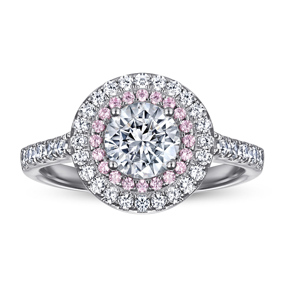 925 Sterling Silver White & Pink Cz Double Halo Ladies Dress Ring