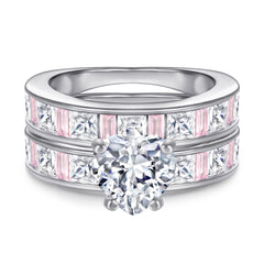 925 Sterling Silver Cz Heart with Pink & White Princess Cut Band Ladies Bridal Set