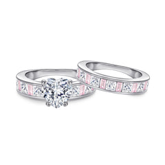 925 Sterling Silver Cz Heart with Pink & White Princess Cut Band Ladies Bridal Set