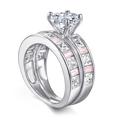 925 Sterling Silver Cz Heart with Pink & White Princess Cut Band Ladies Bridal Set