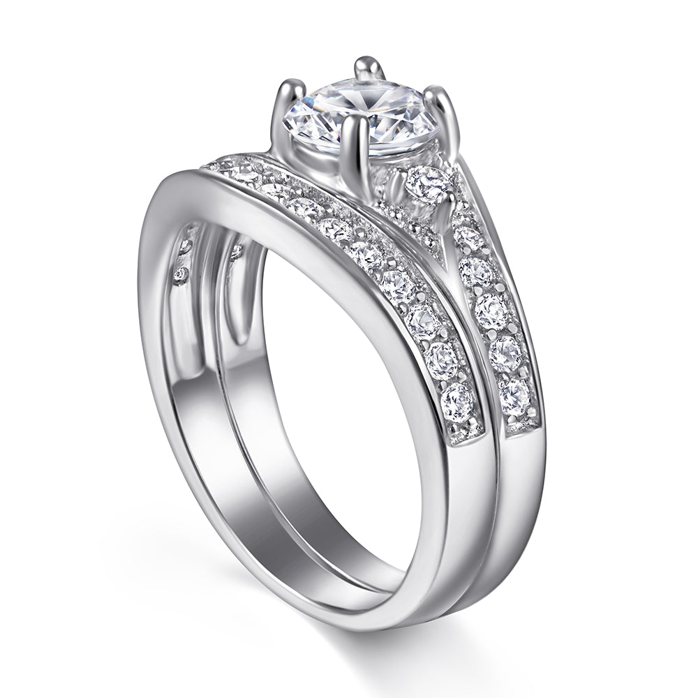 925 Sterling Silver Round Centre Cz With Fancy Channel Set Band Ladies Bridal Ring Set