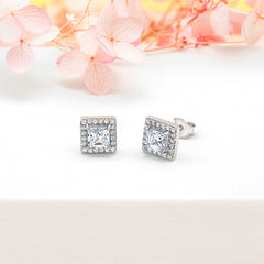 925 Sterling Silver Cz Princess Cut Halo Ladies Stud Earrings