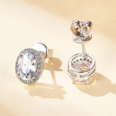 925 Sterling Silver Cz Oval Halo Ladies Stud Earrings