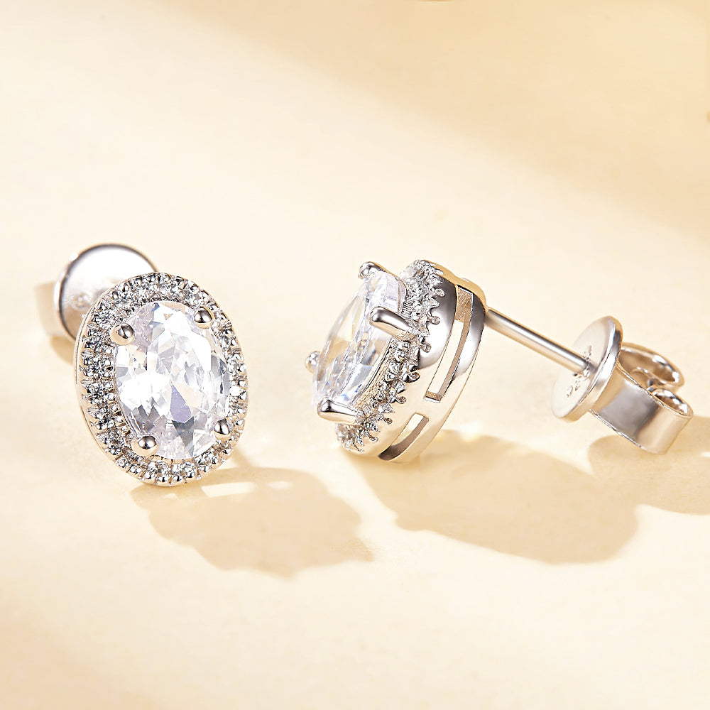 925 Sterling Silver Cz Oval Halo Ladies Stud Earrings