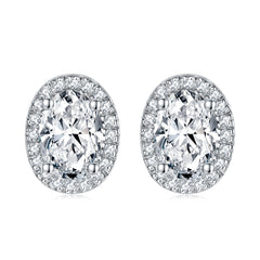 925 Sterling Silver Cz Oval Halo Ladies Stud Earrings