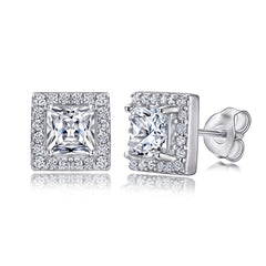 925 Sterling Silver Cz Princess Cut Halo Ladies Stud Earrings