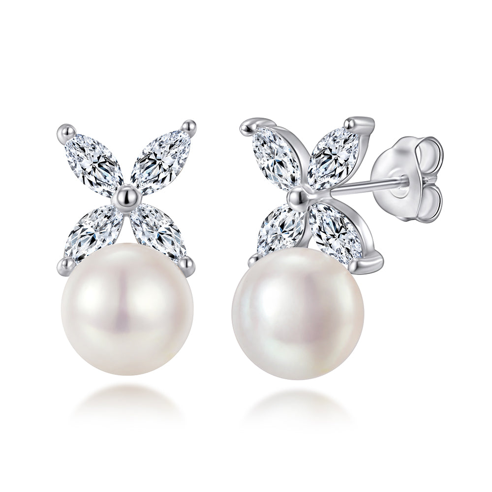 925 Sterling Silver Freshwater Pearl & Cz Butterfly Ladies Stud Earrings