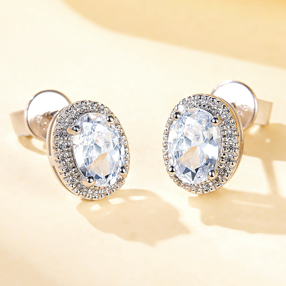 925 Sterling Silver Cz Oval Halo Ladies Stud Earrings