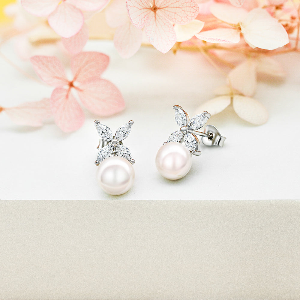 925 Sterling Silver Freshwater Pearl & Cz Butterfly Ladies Stud Earrings