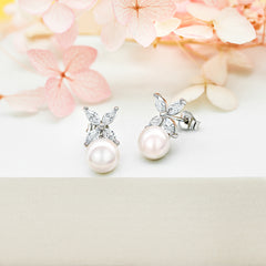 925 Sterling Silver Freshwater Pearl & Cz Butterfly Ladies Stud Earrings