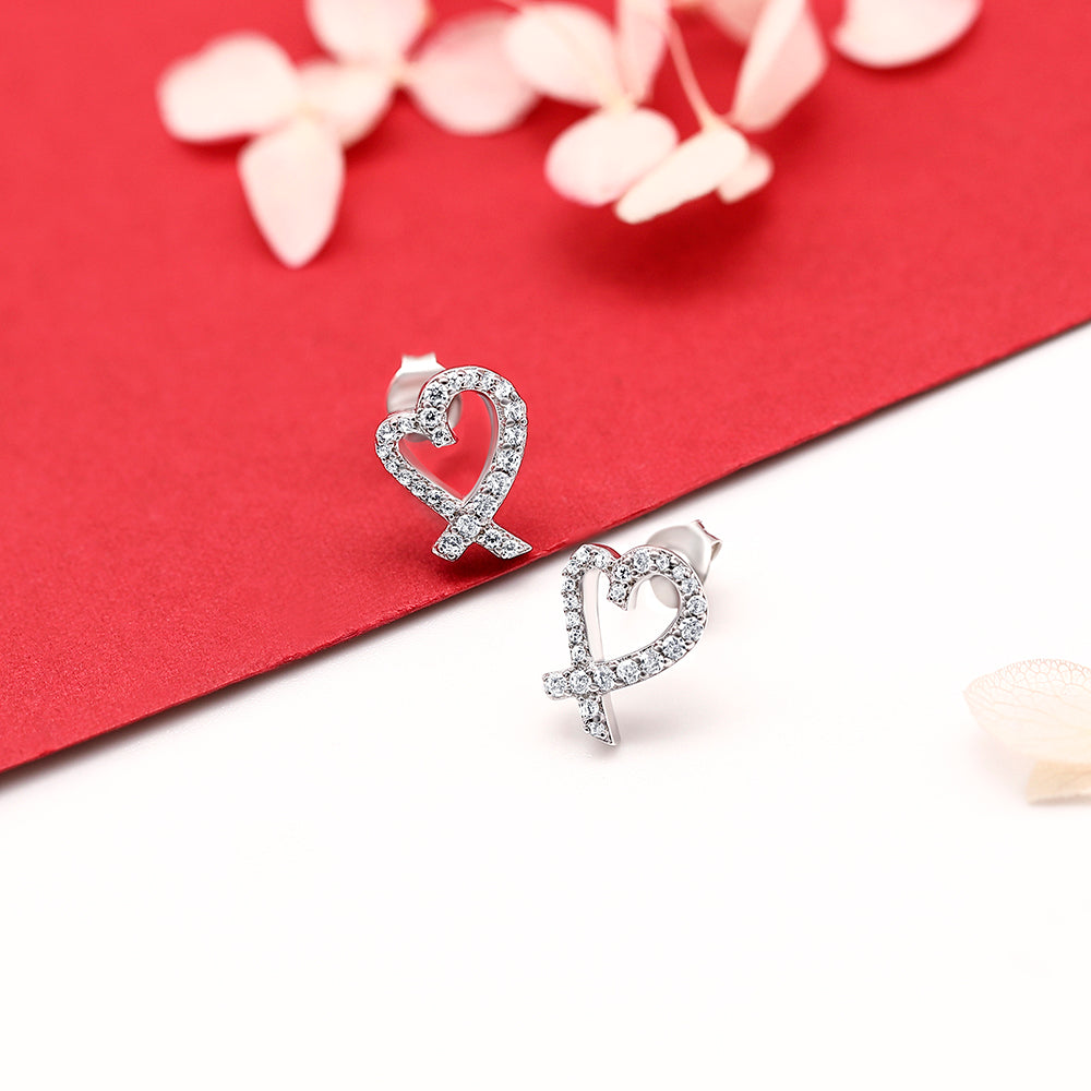 925 Sterling Silver Cz Heart Ladies Bow Stud Earrings