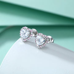 925 Sterling Silver Pink & White Cz Heart Ladies Stud Earrings