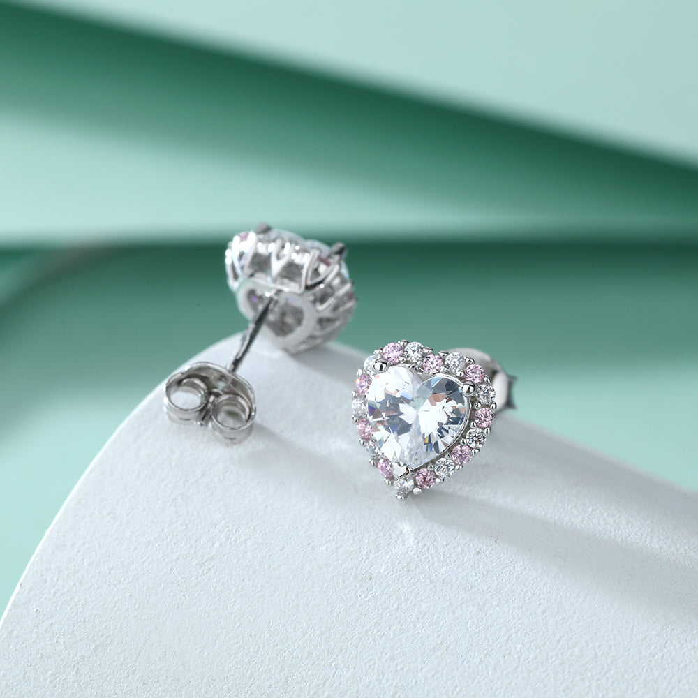 925 Sterling Silver Pink & White Cz Heart Ladies Stud Earrings