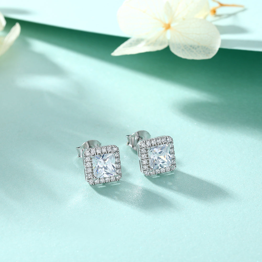 925 Sterling Silver Cz Princess Cut Halo Ladies Stud Earrings