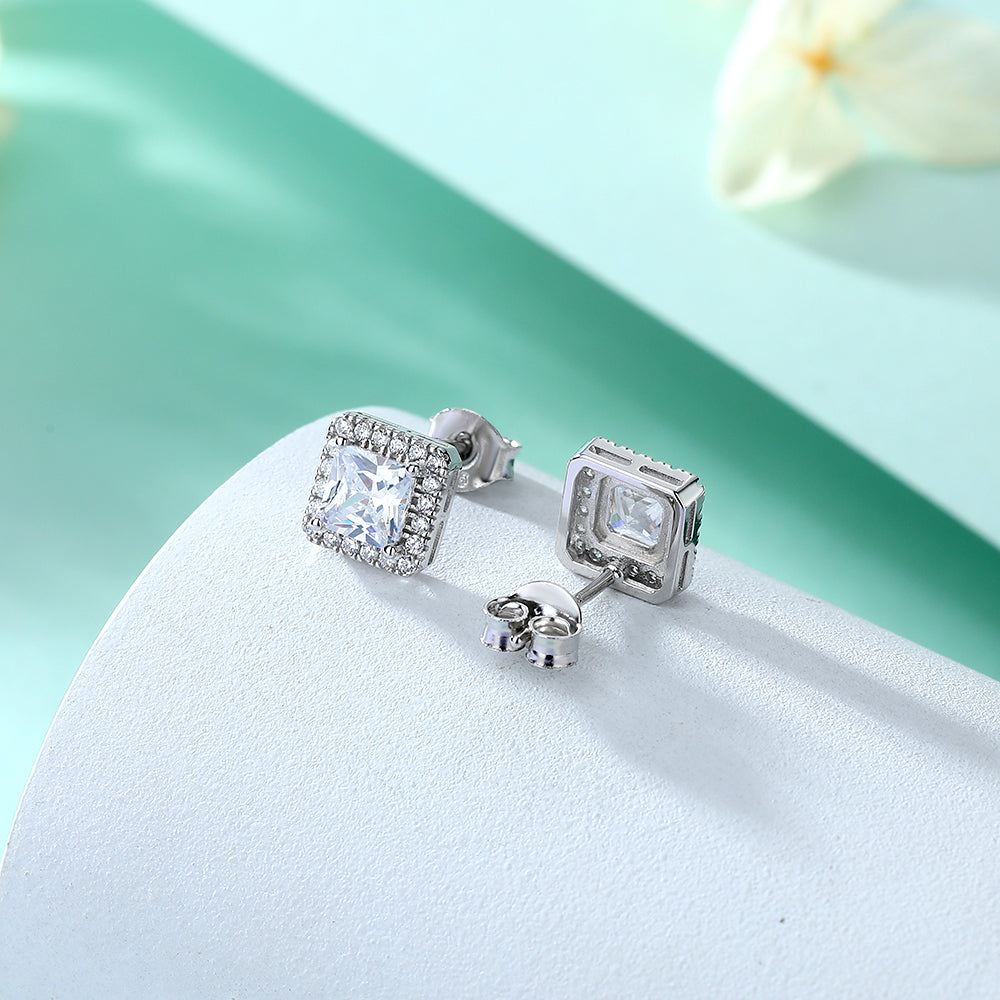 925 Sterling Silver Cz Princess Cut Halo Ladies Stud Earrings