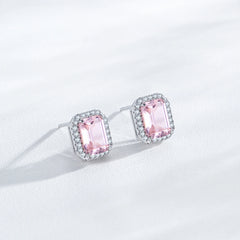 925 Sterling Silver Pink Emerald Cut Cz Ladies Stud Earrings