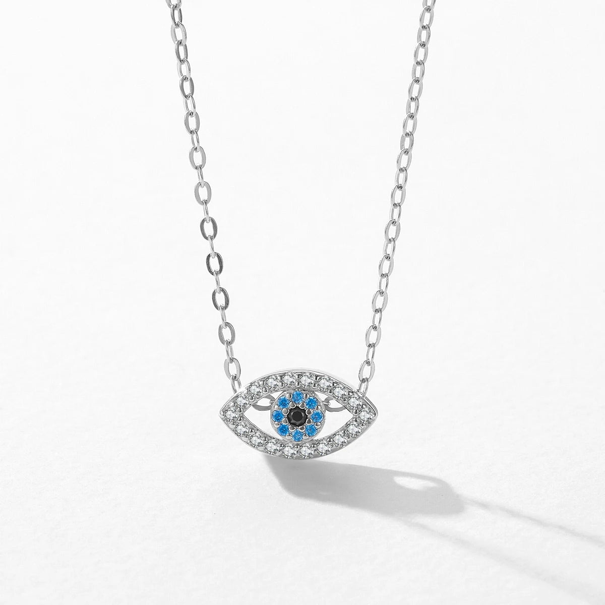 925 Sterling Silver Light Sea Blue & White Cz Evil Eye Pendant with 16-18" Silver Chain