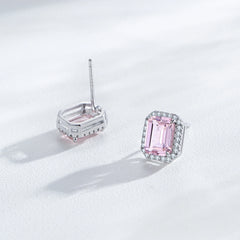 925 Sterling Silver Pink Emerald Cut Cz Ladies Stud Earrings