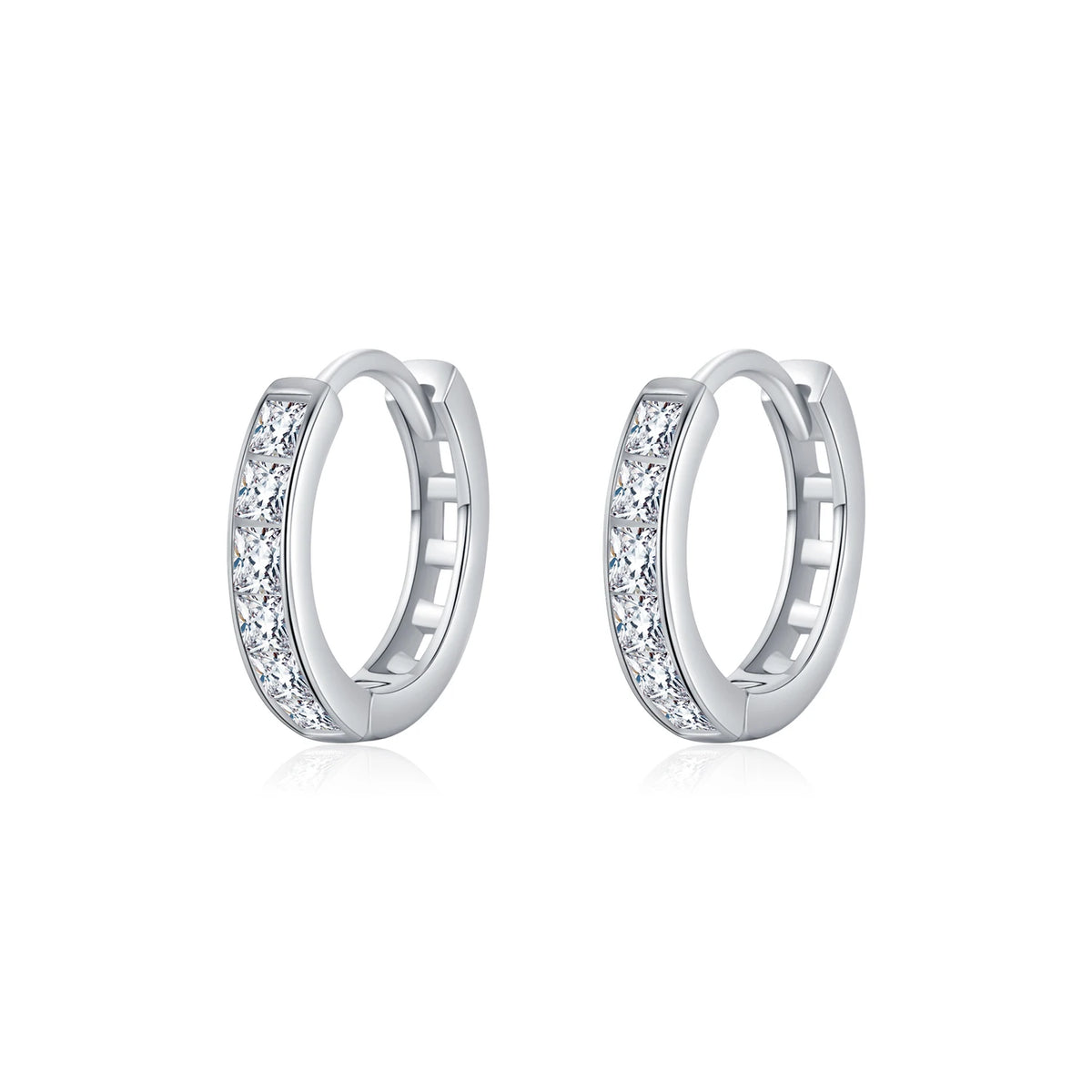 925 Sterling Silver 14mm Princess Cut Cz Channel Set Huggies Hoop Earrings