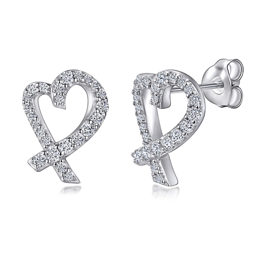 925 Sterling Silver Cz Heart Ladies Bow Stud Earrings