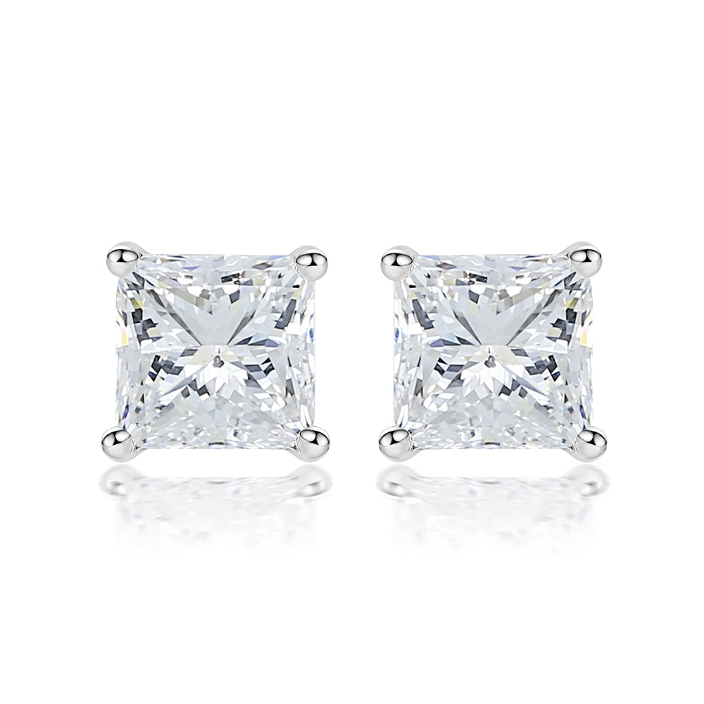 925 Sterling Silver Cz Princess Cut Ladies Stud Earrings