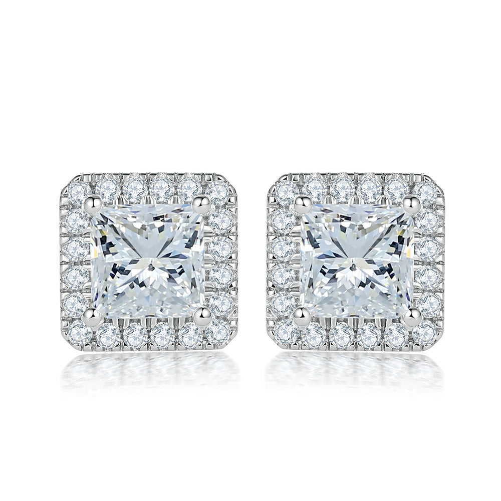 925 Sterling Silver Cz Princess Cut Halo Ladies Stud Earrings