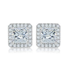 925 Sterling Silver Cz Princess Cut Halo Ladies Stud Earrings