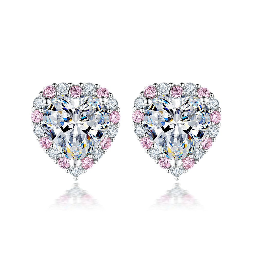 925 Sterling Silver Pink & White Cz Heart Ladies Stud Earrings