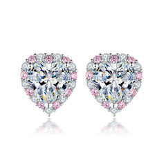 925 Sterling Silver Pink & White Cz Heart Ladies Stud Earrings