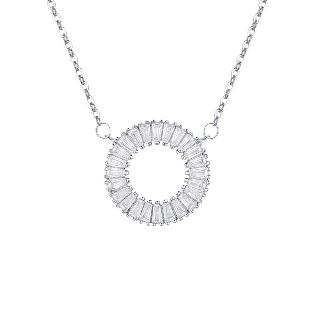 925 Sterling Silver Baguette Cz Circle of Life Necklace with 16"18" Silver Chain