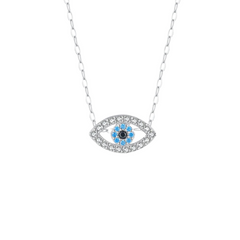 925 Sterling Silver Light Sea Blue & White Cz Evil Eye Pendant with 16-18" Silver Chain