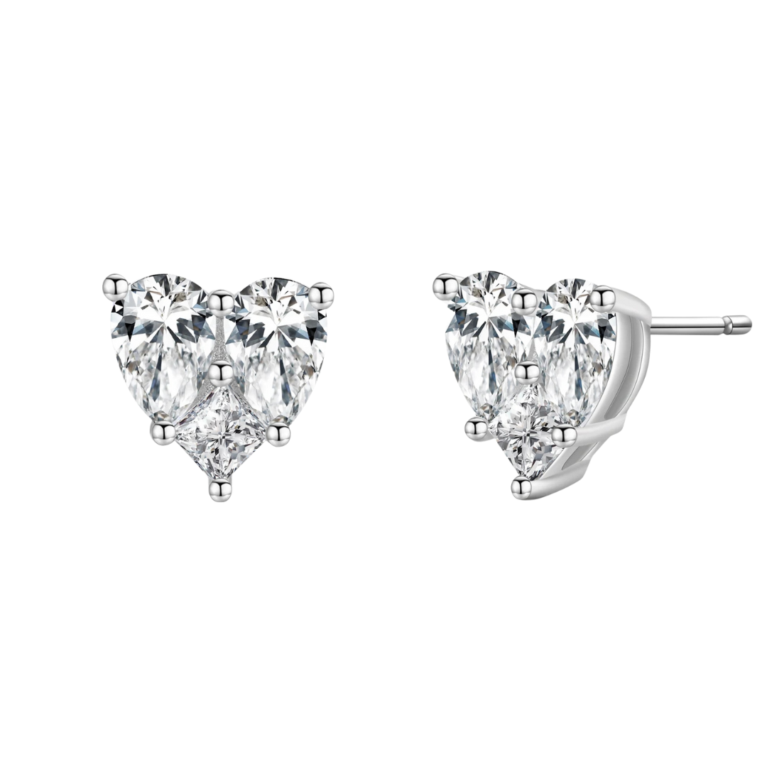 925 Sterling Silver Pear & Princess Cut Cz Heart Stud Earrings