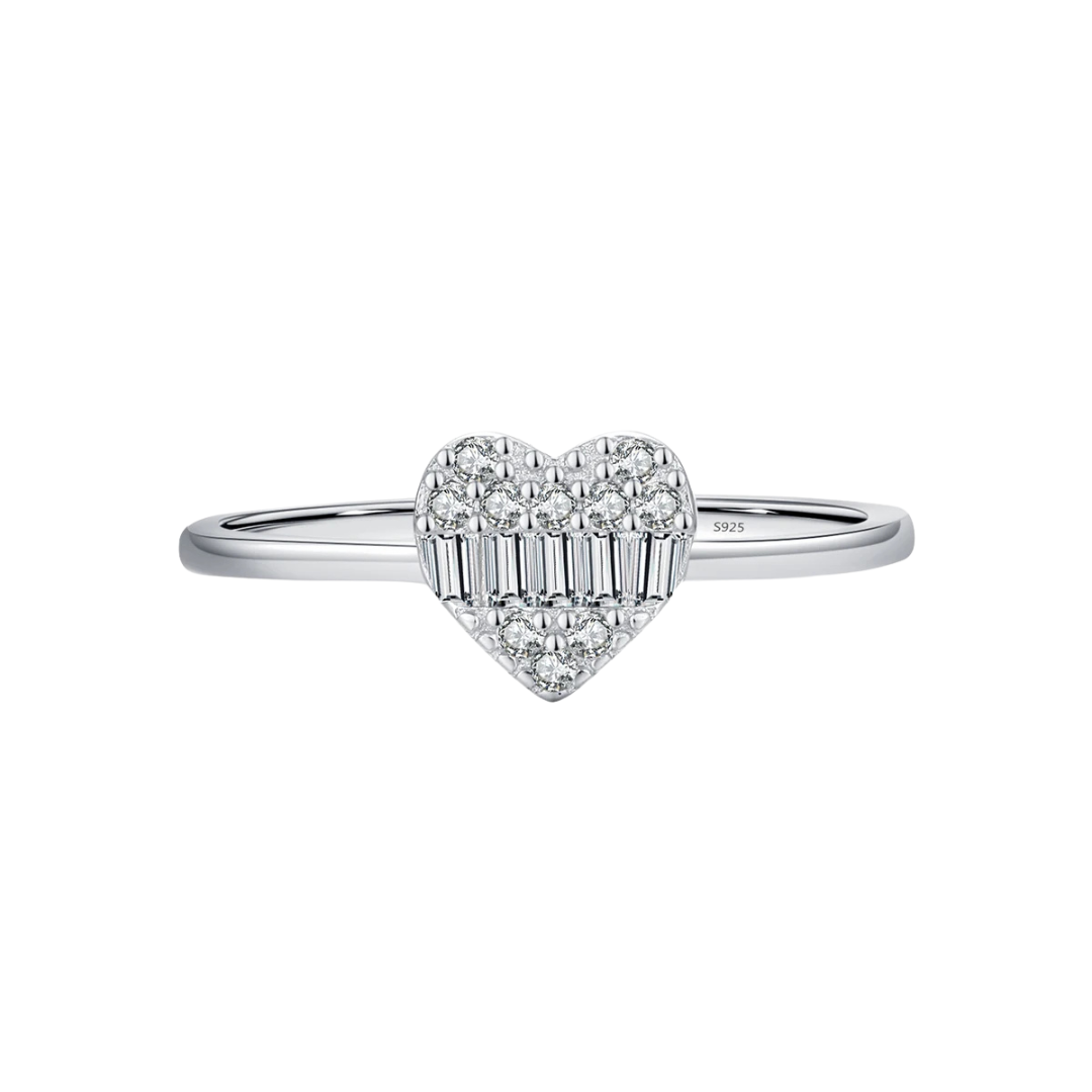 925 Sterling Silver Baguette & Round Cut Cz Heart Cluster Ring