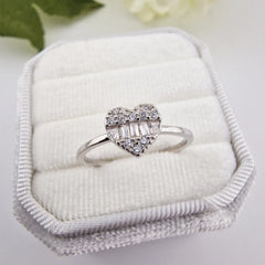 925 Sterling Silver Baguette & Round Cut Cz Heart Cluster Ring